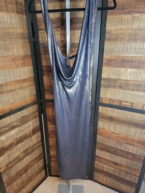 Express Iridescent Navy Backless Cowl Midi Dress